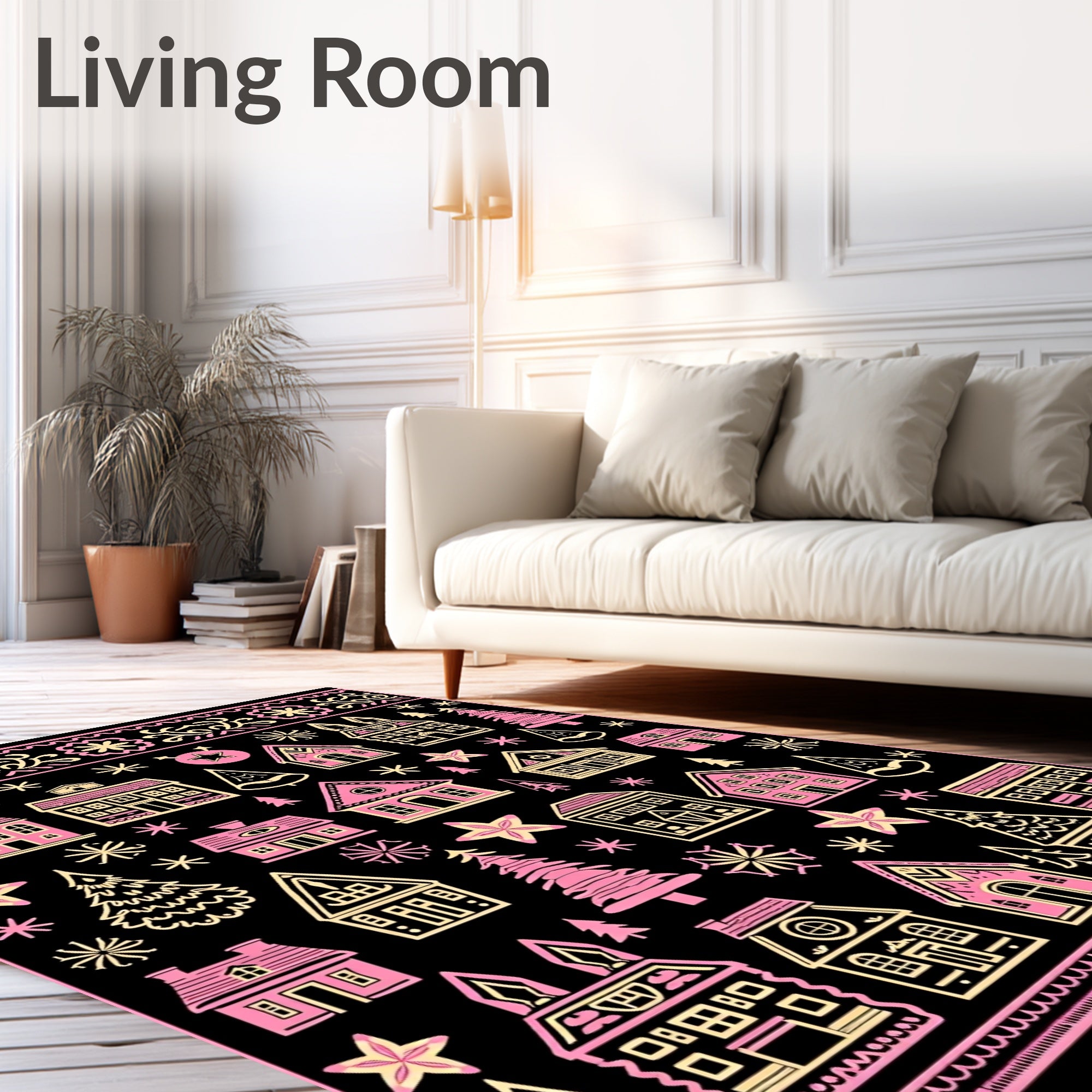 Whimsical Pink Village Snowflake Illustration Rug