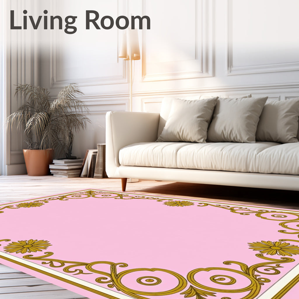 Ornate Floral Scrollwork Pink Gold Rug