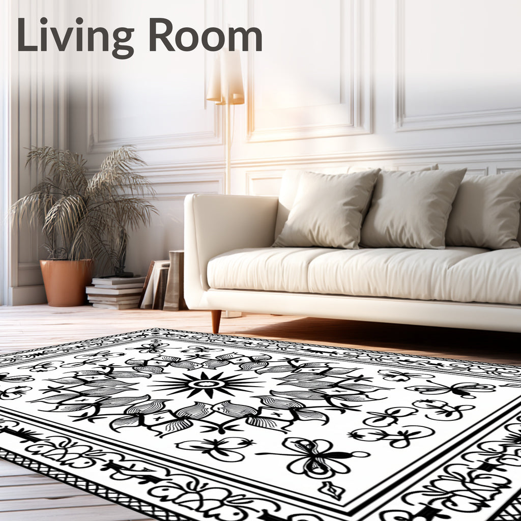 Monochromatic Floral Butterfly Mandala Design Rug