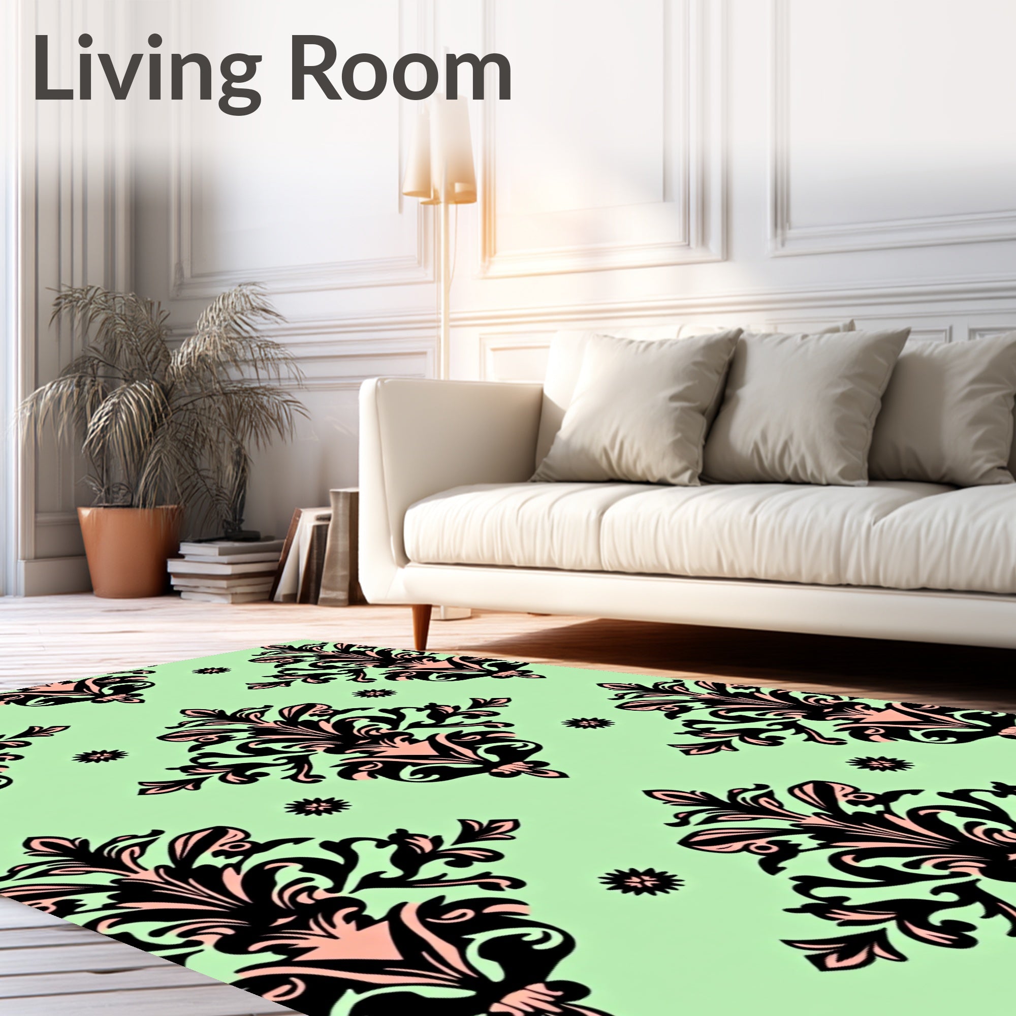Black Pink Floral Damask Pattern Rug
