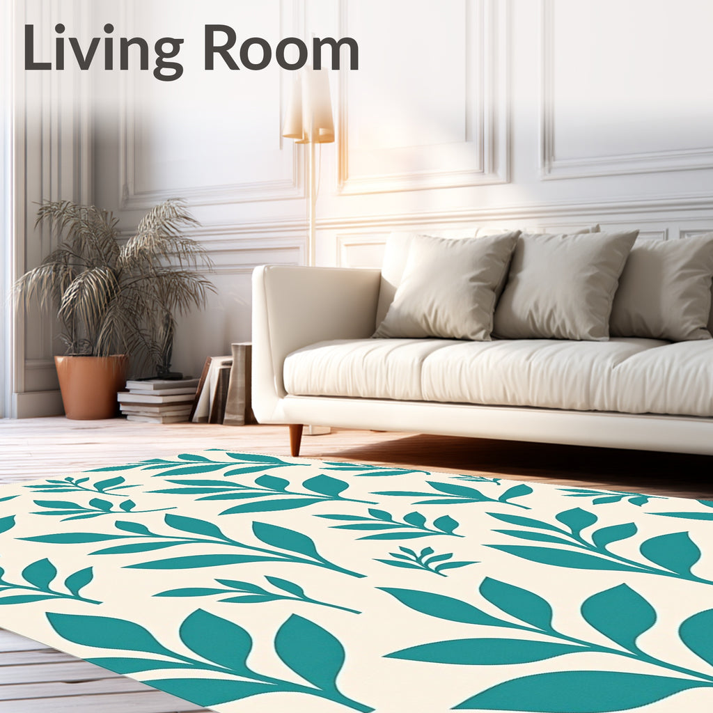 Teal Leaf Pattern On Cream Background Rug