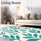 Teal Leaf Pattern On Cream Background Rug