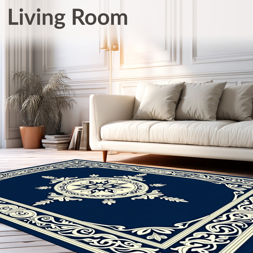 Deep Blue Cream Ornate Classic Rug