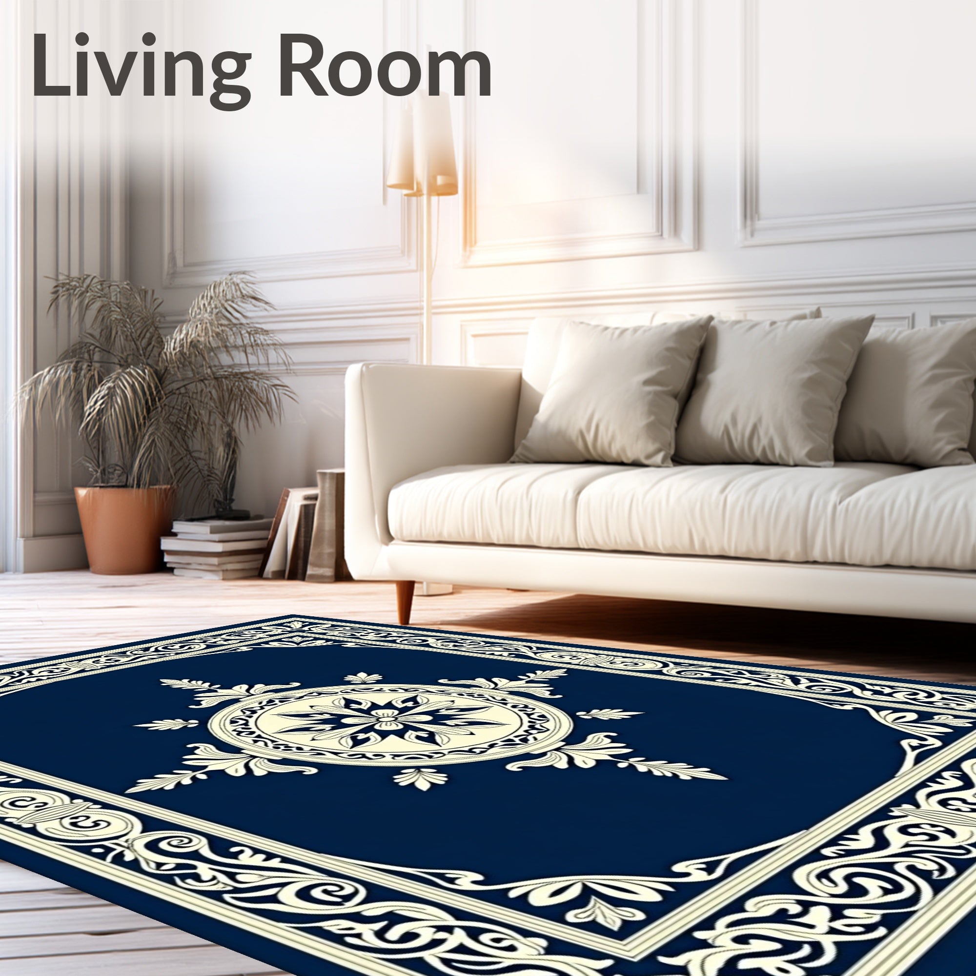 Deep Blue Cream Ornate Classic Rug