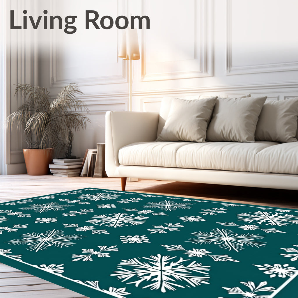 White Snowflake Bordered Teal Rug
