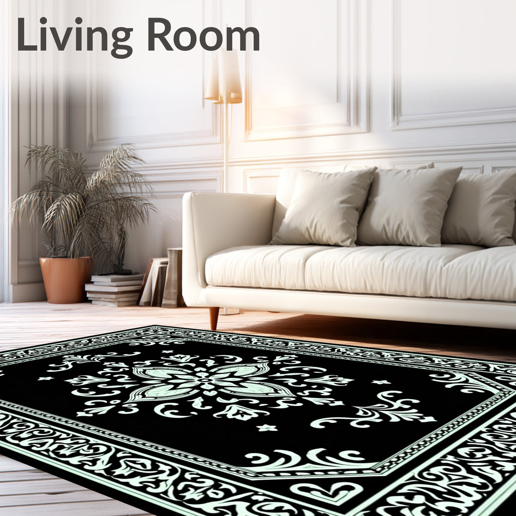Classic Black White Floral Medallion Rug