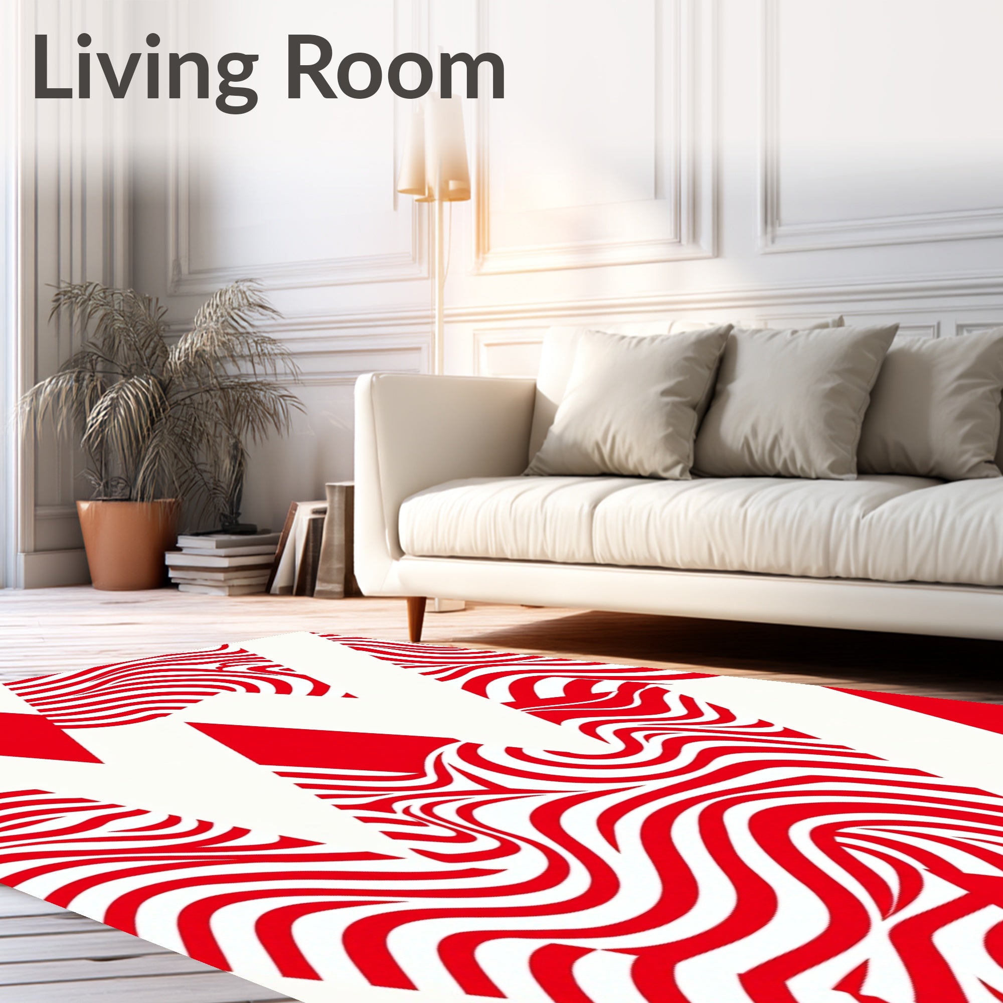 Abstract Red White Wavy Geometric Pattern Rug