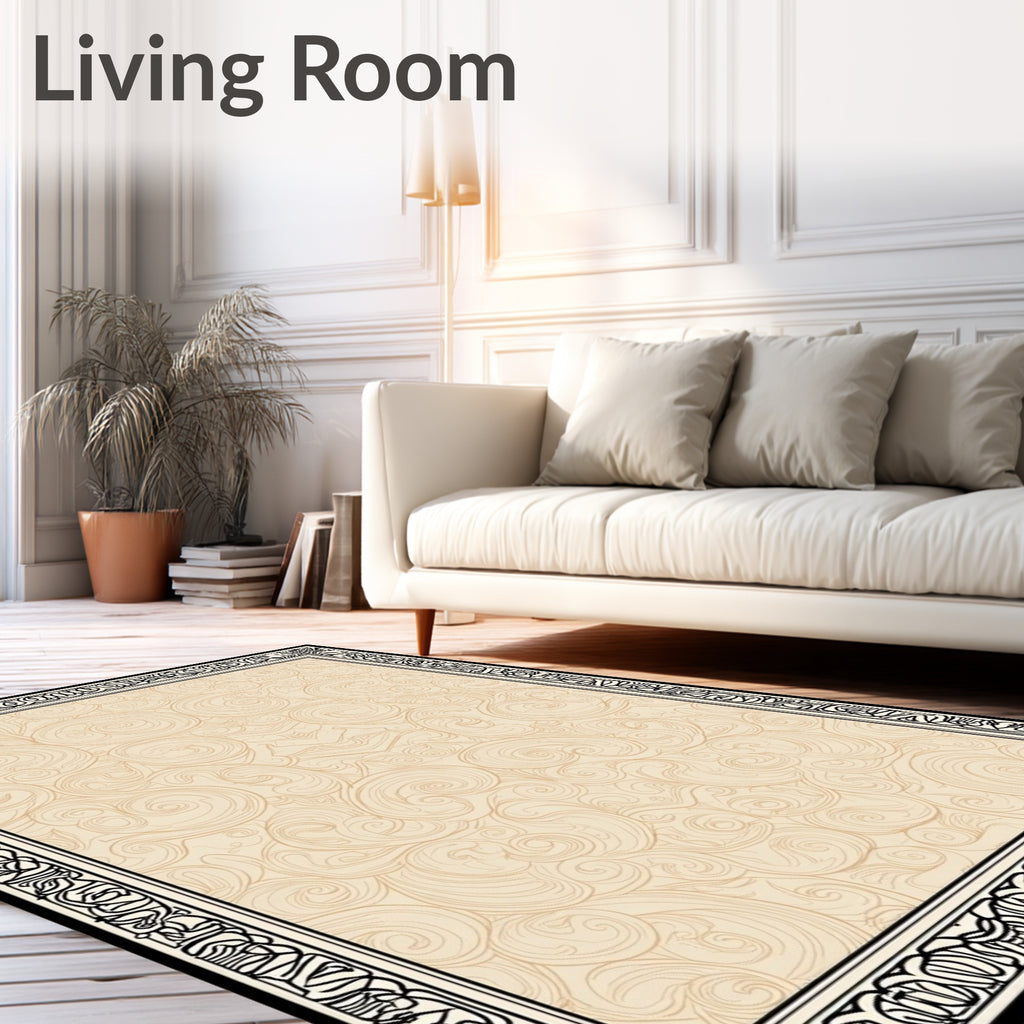 Classic Black Beige Swirl Border Design Rug