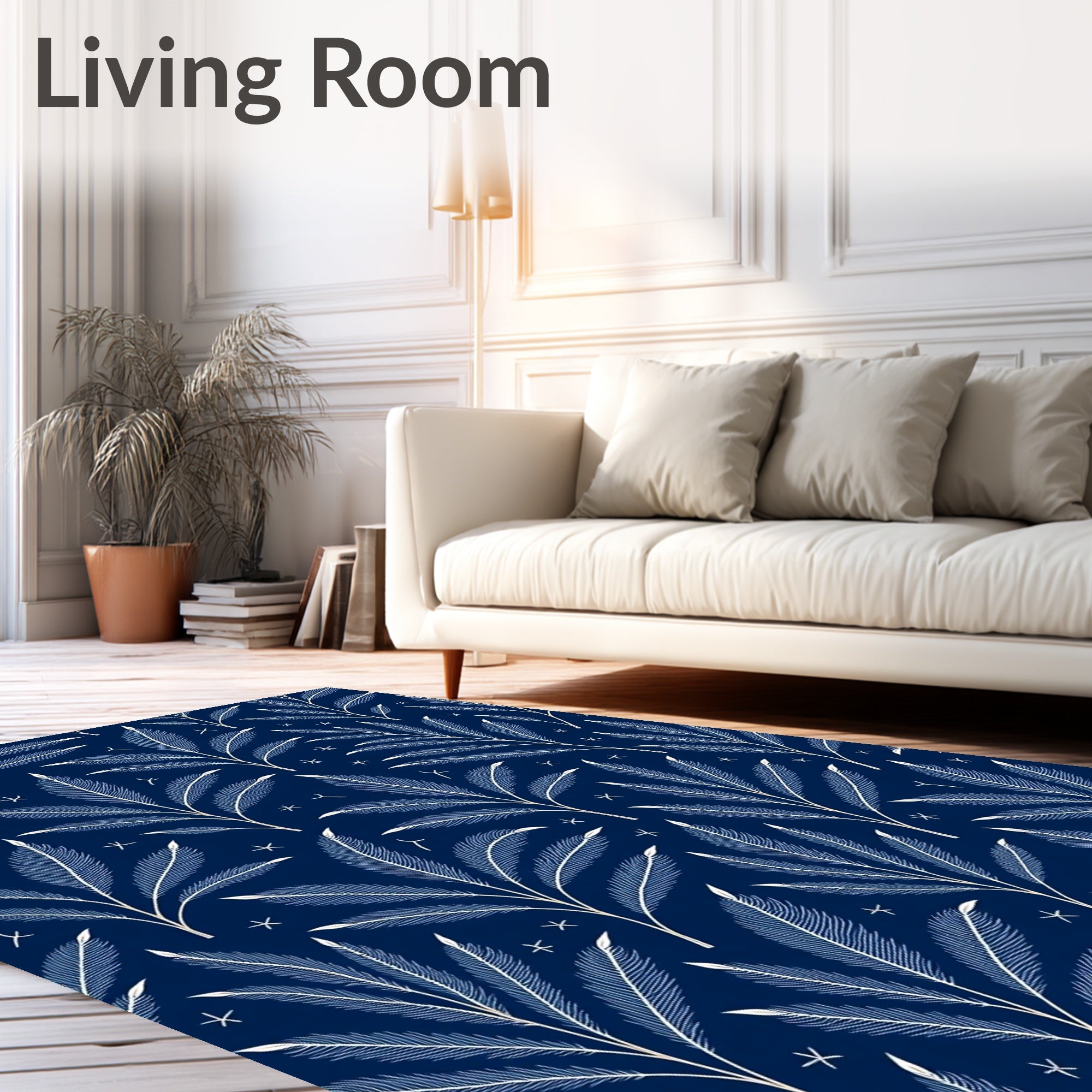 Elegant White Feather Leaf Pattern Rug