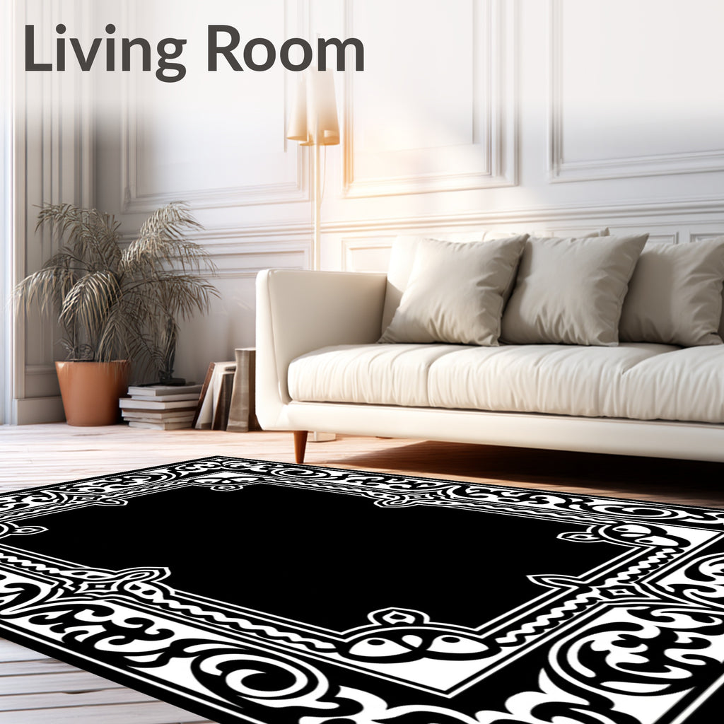 Ornate Black White Scrollwork Frame Rug