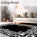 Ornate Black White Scrollwork Frame Rug