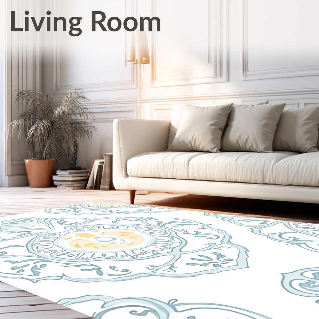 Light Blue Ochre Damask Pattern Runner Rug