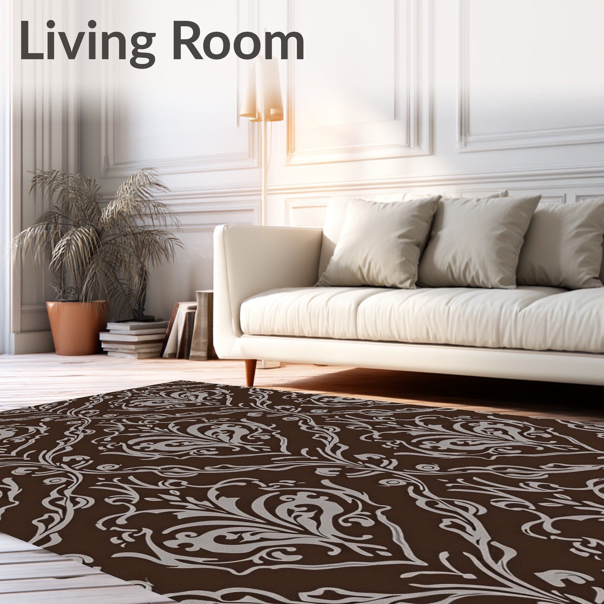 Brown Damask Floral Scroll Pattern Rug