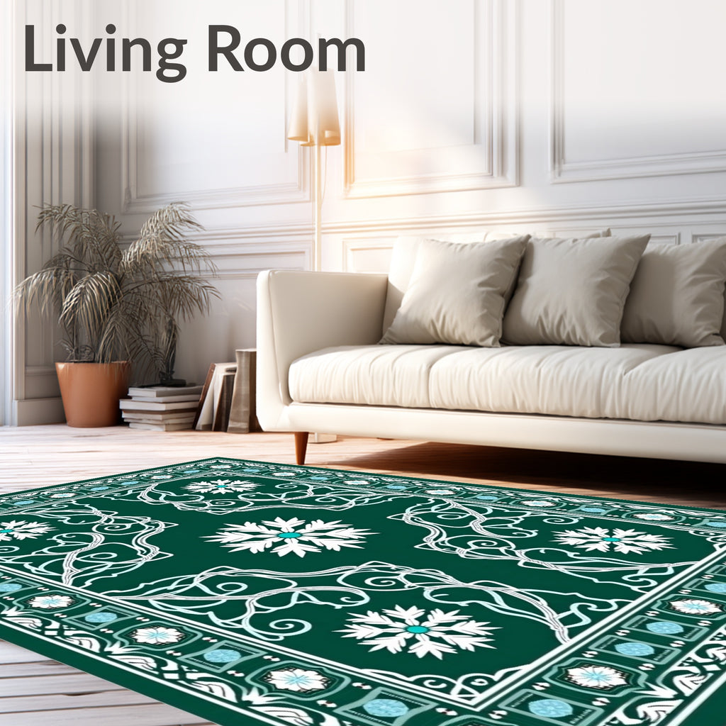 Emerald Snow Flurry Floral Border Rug