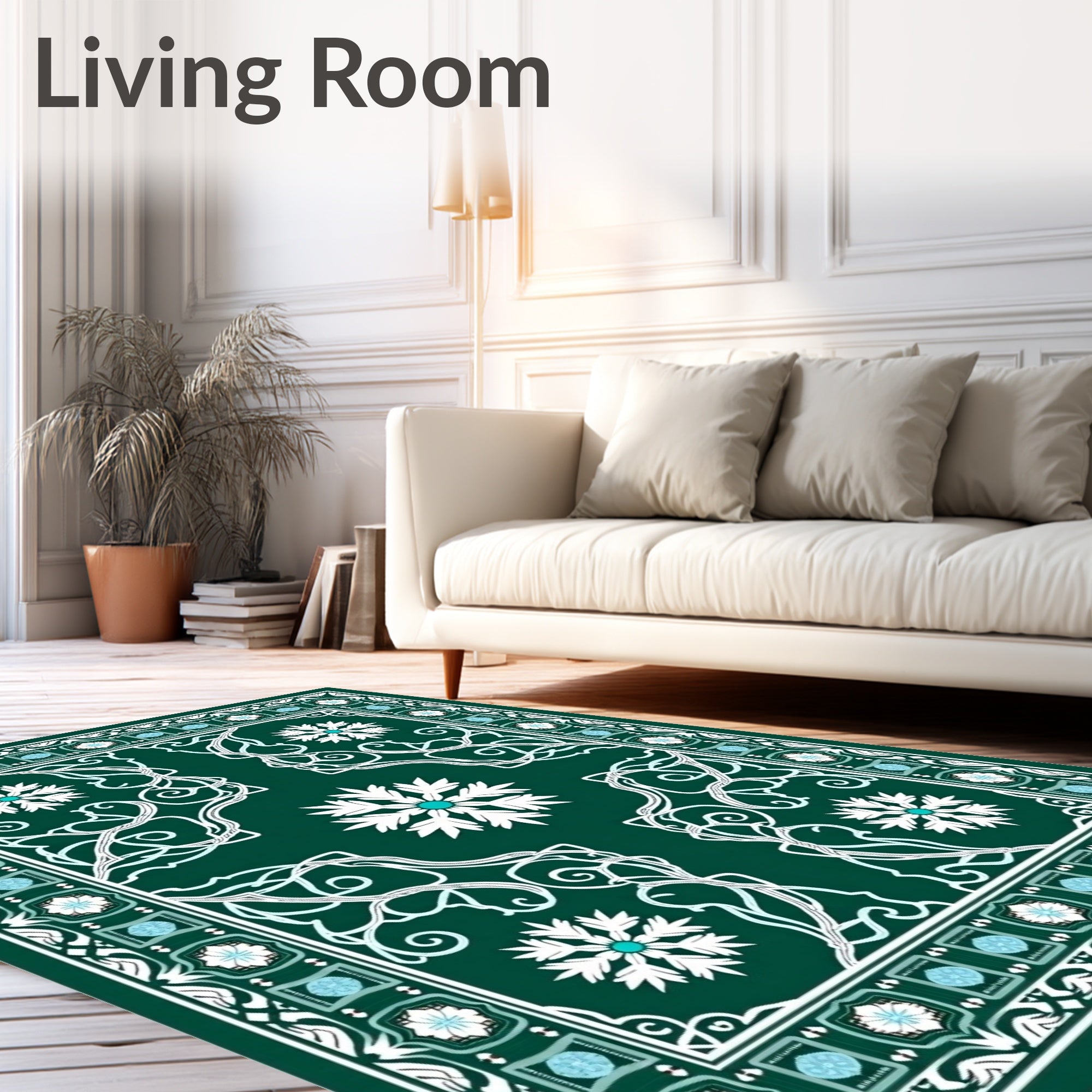 Emerald Snow Flurry Floral Border Rug