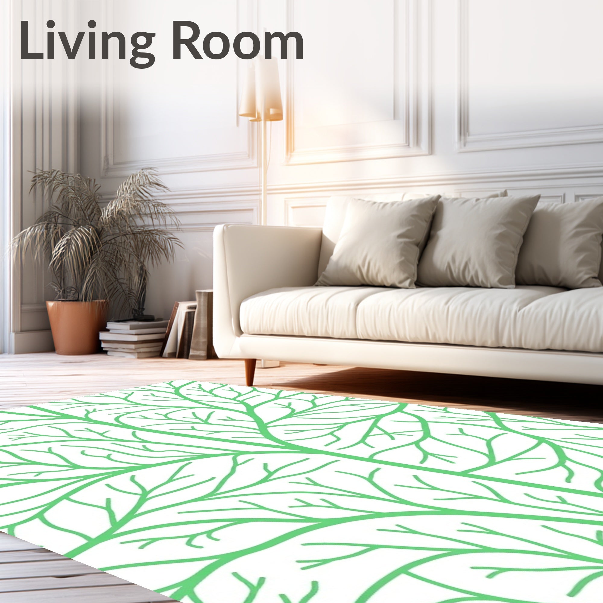 Bright Mint Branches on White Rug