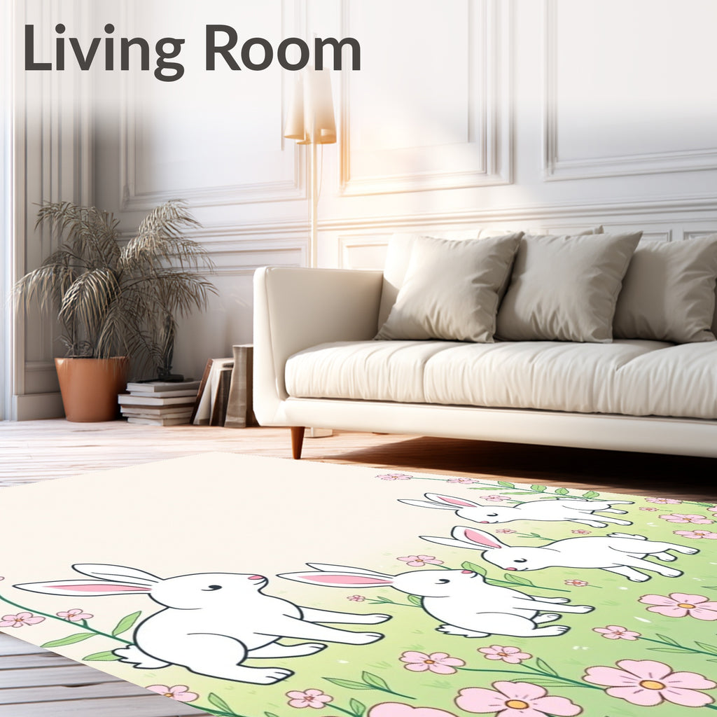 Cute Bunny And Flower Meadow Pattern Rug