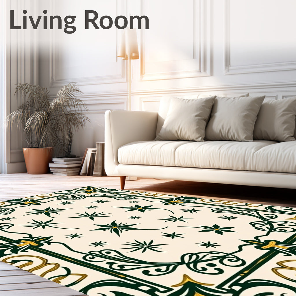 Elegant Emerald Floral Border Design Rug