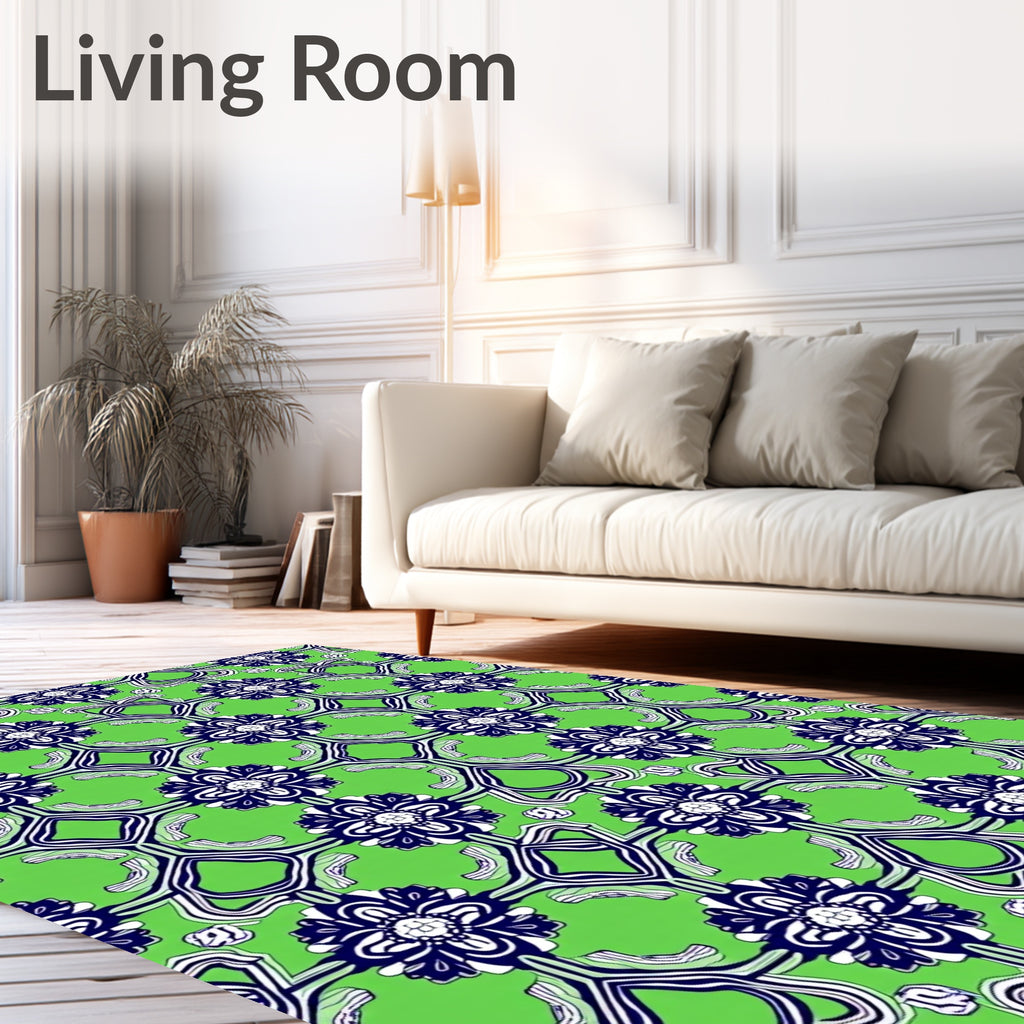 Art Nouveau Floral Navy Geometric Pattern Rug