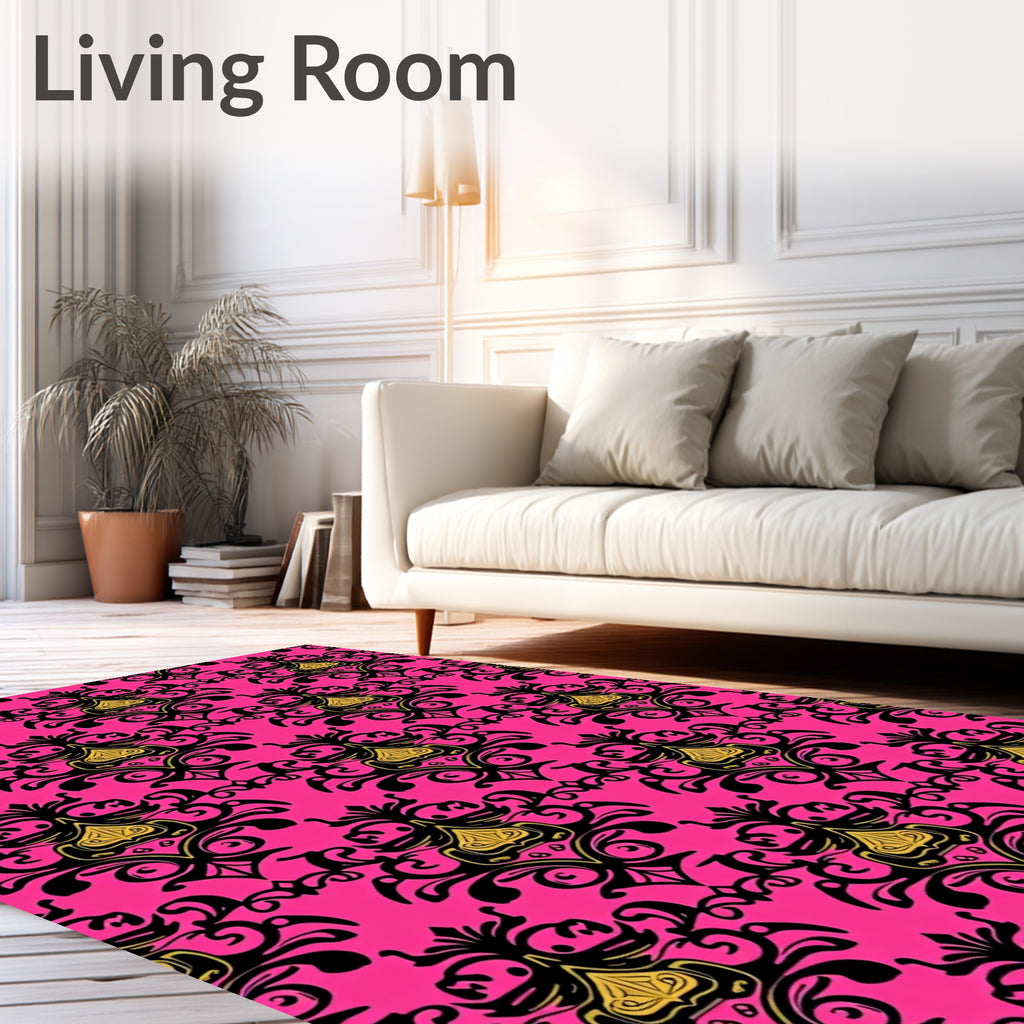 Ornate Black Gold Damask Pattern Rug