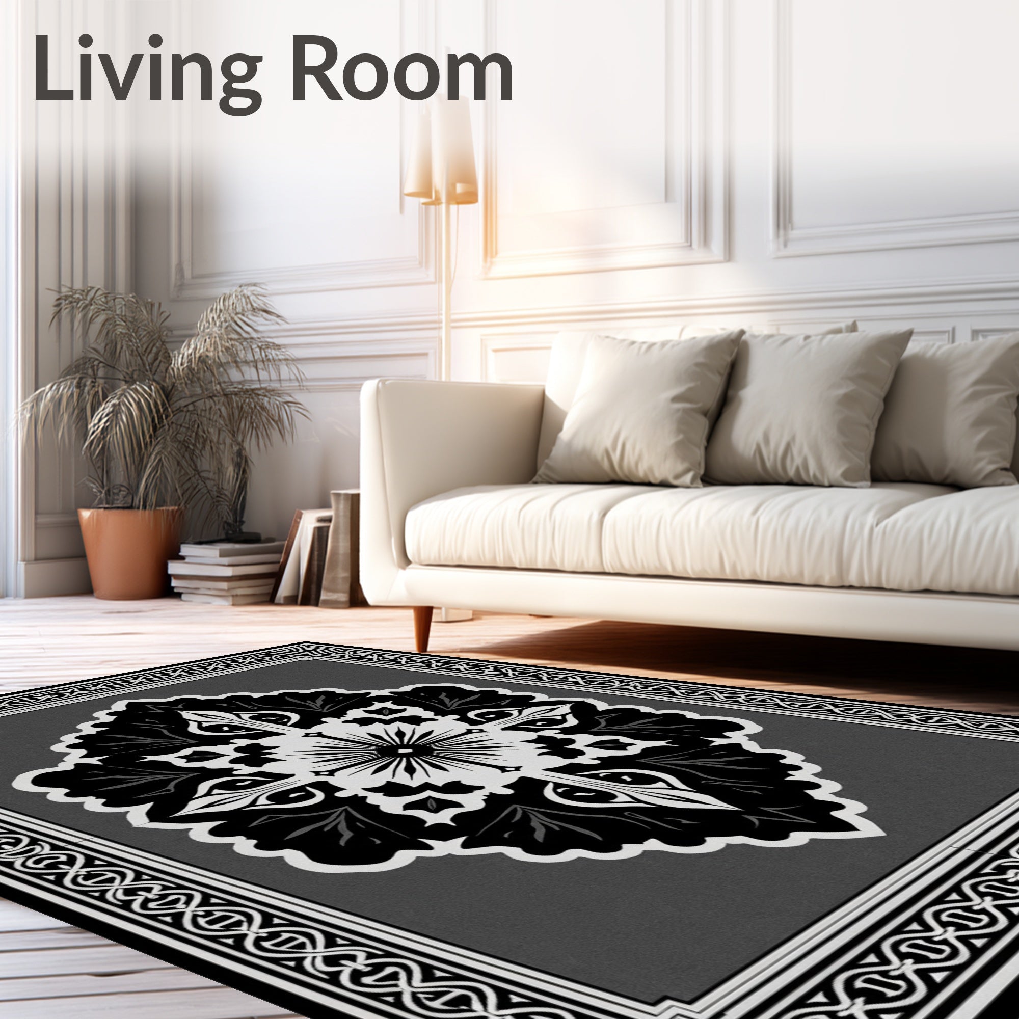 Ornate Black and White Graphic Medallion Rug
