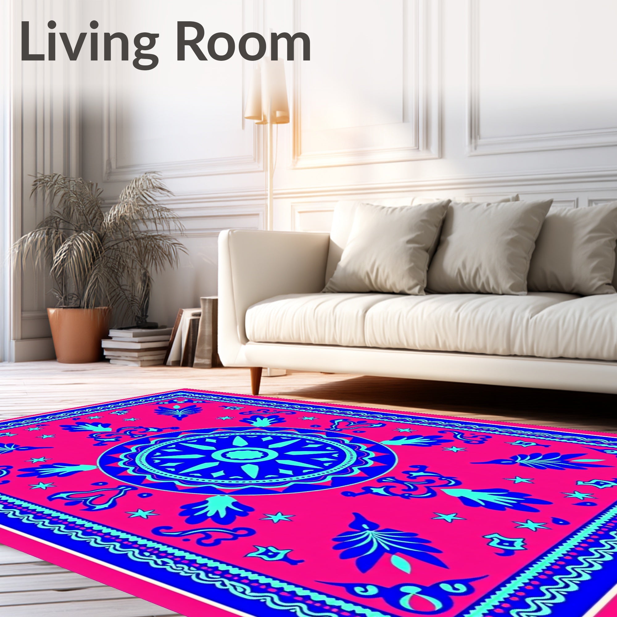 Vibrant Pink Blue Mandala Folk Rug