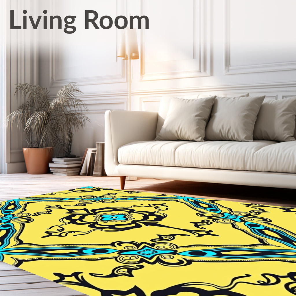 Vibrant Yellow Teal Abstract Symmetry Rug