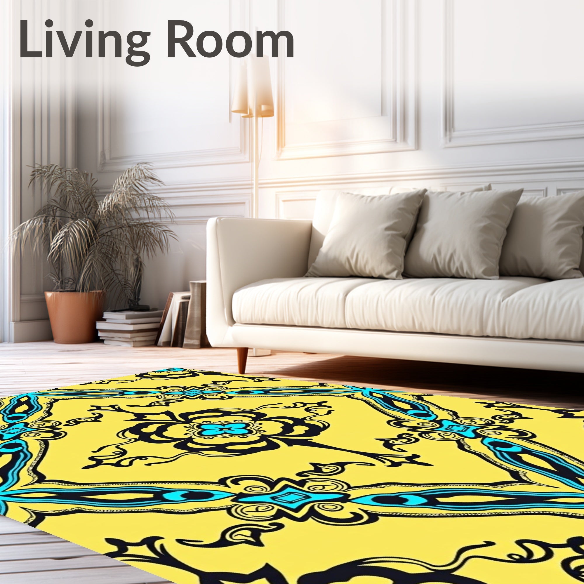 Vibrant Yellow Teal Abstract Symmetry Rug