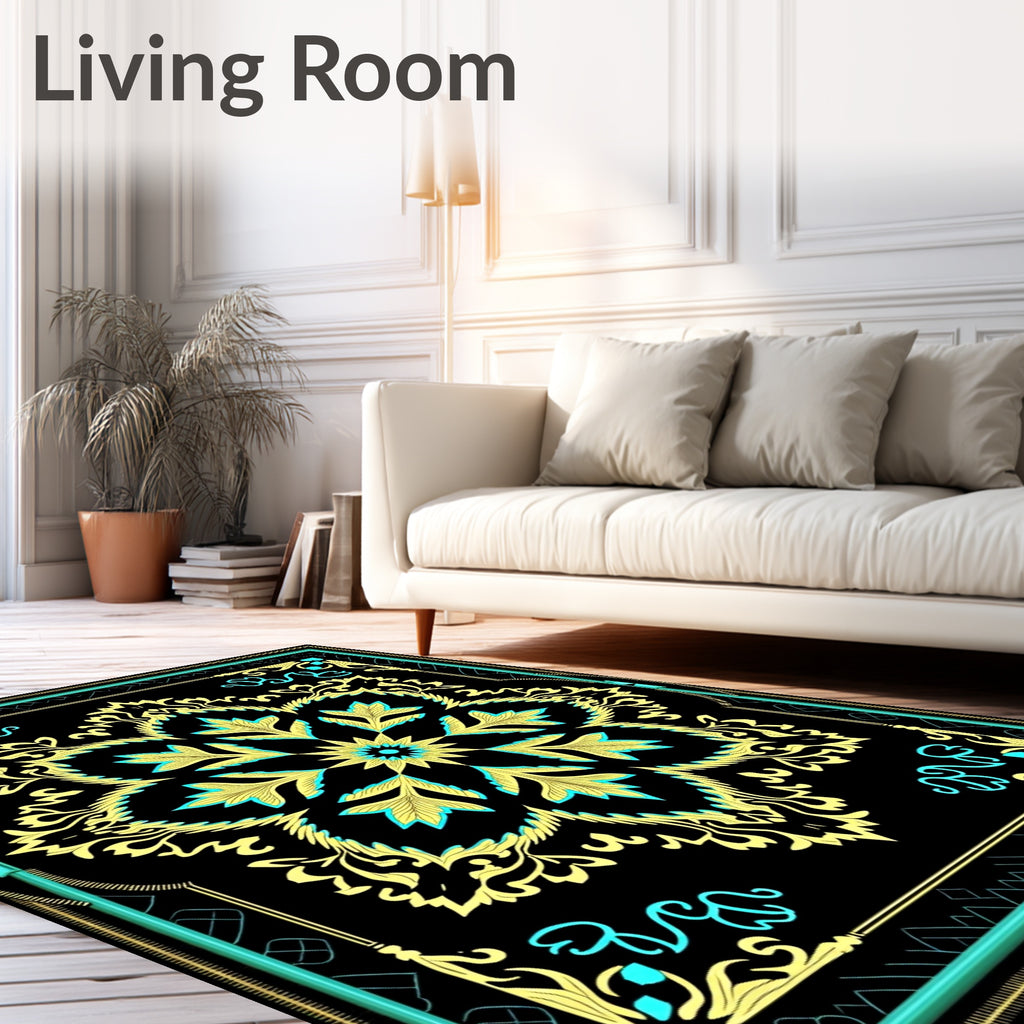 Elegant Black Gold Teal Mandala Design Rug