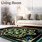 Elegant Black Gold Teal Mandala Design Rug