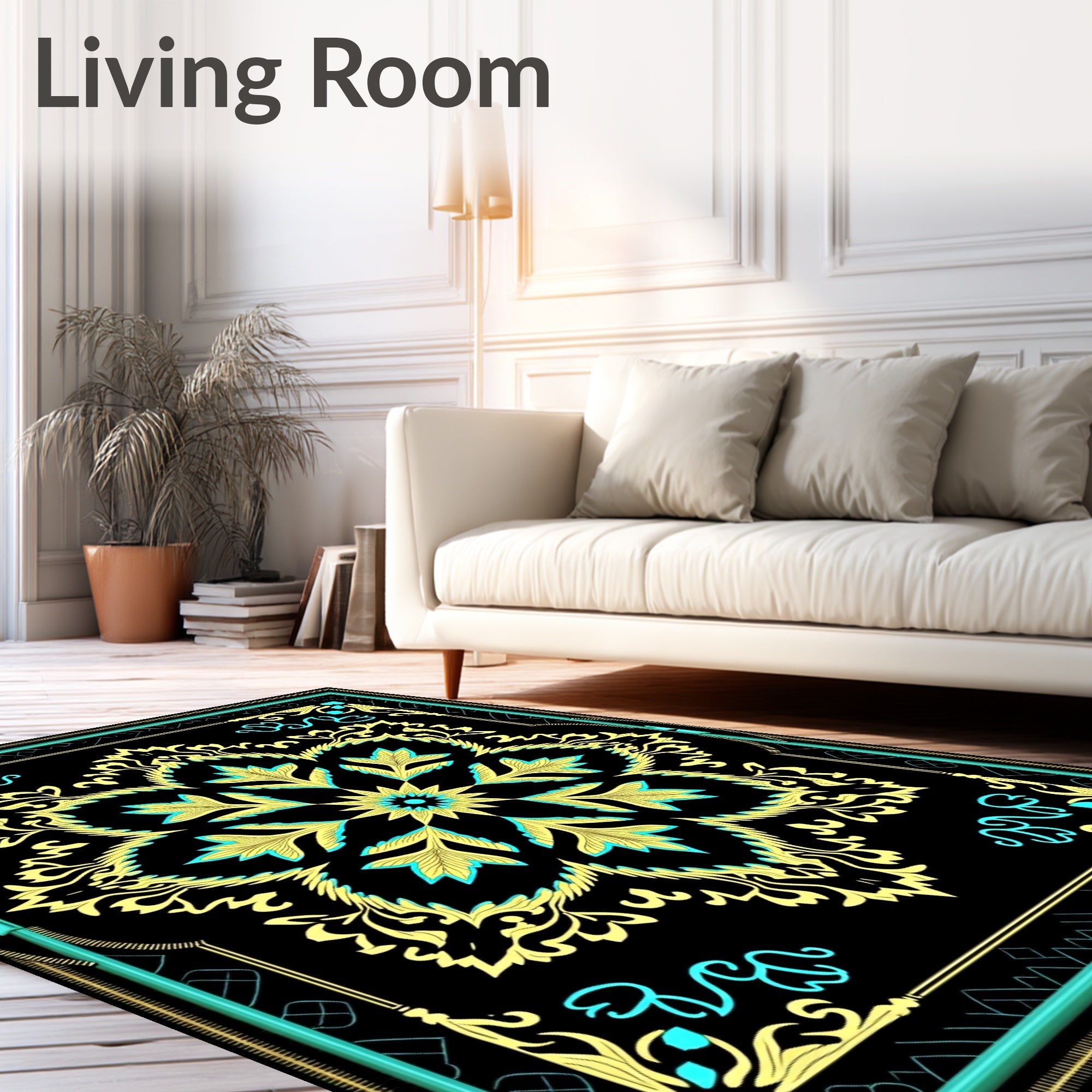 Elegant Black Gold Teal Mandala Design Rug