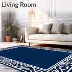 Elegant White Scroll Border on Navy Ground Rug
