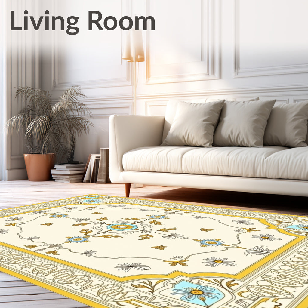 Ornate Floral Design With Yellow Border Rug