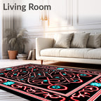 Red Cyan Swirl Medallion Black Rug