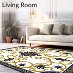 Ornate Blue Gold Floral Scroll Design Rug