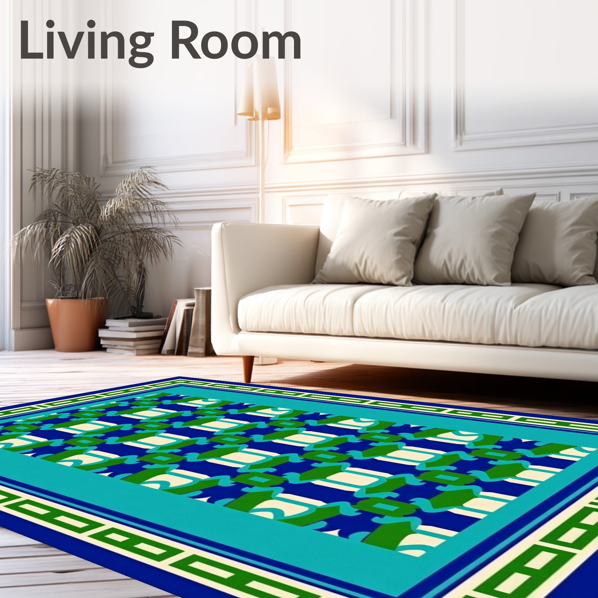 Classic Geometric Blue Green Ivory Pattern Rug