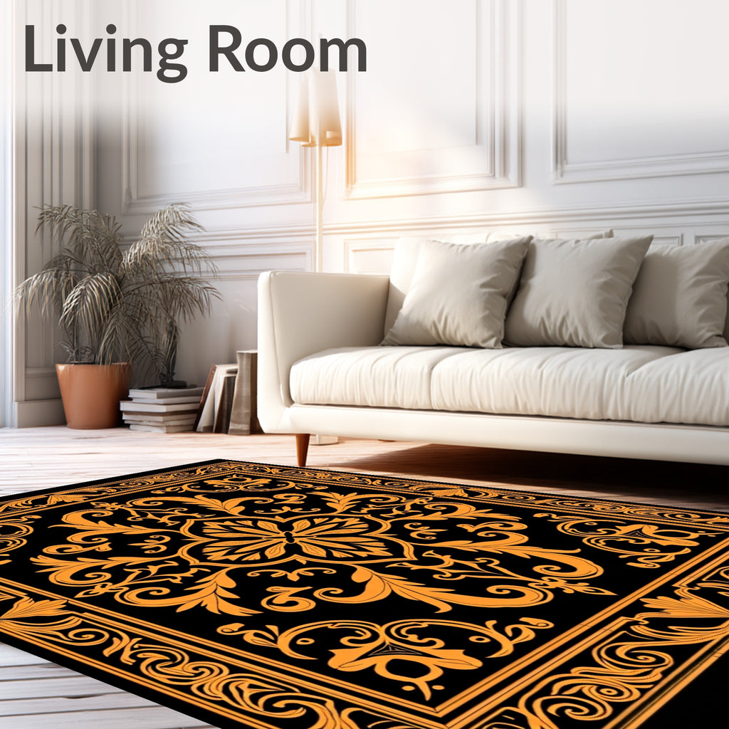Ornate Black Gold Floral Pattern Rug