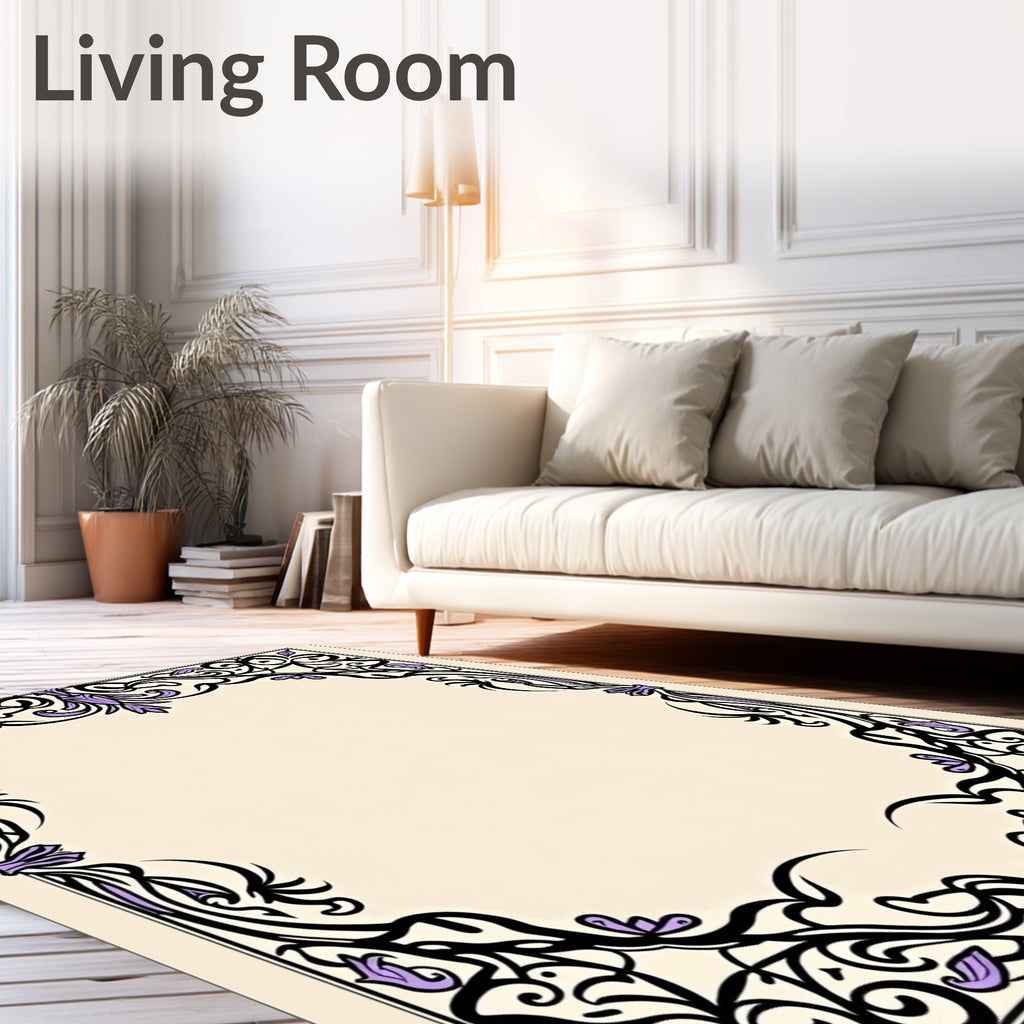 Elegant Black Violet Floral Scroll Rug