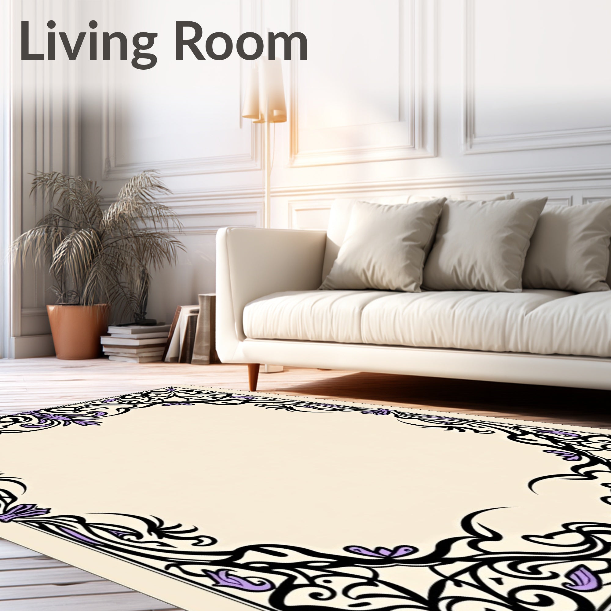 Elegant Black Violet Floral Scroll Rug