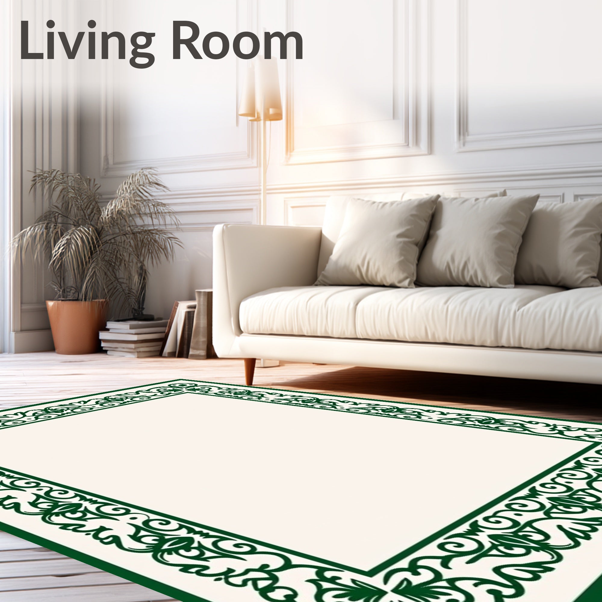 Ornate Green Floral Scroll Border Rug