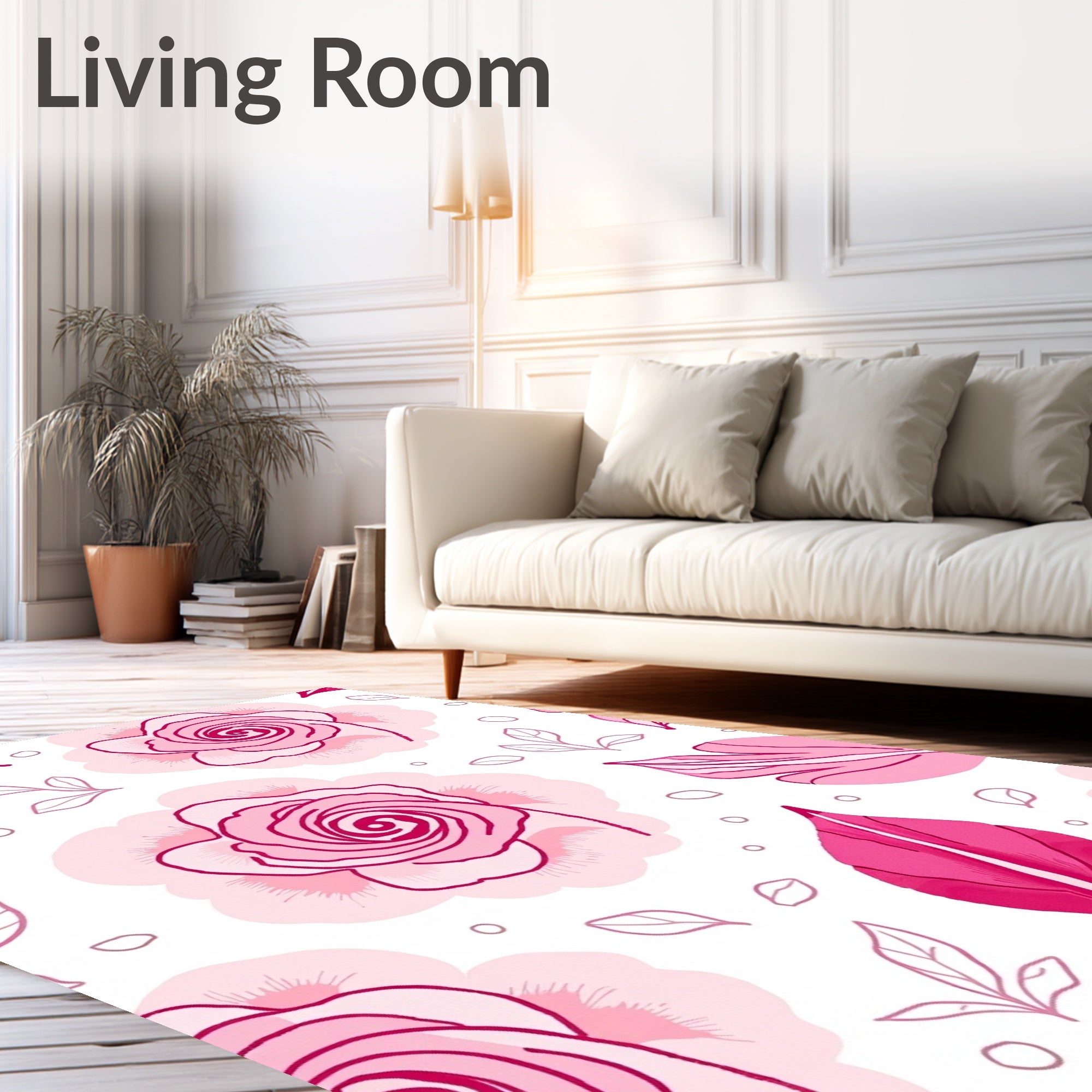 Pink Floral Outline Patterned Rug