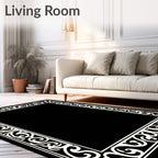 Ornate Scrollwork Black Cream Border Rug