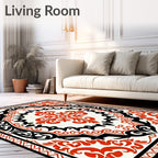 Red Black Floral Scroll Motif Rug