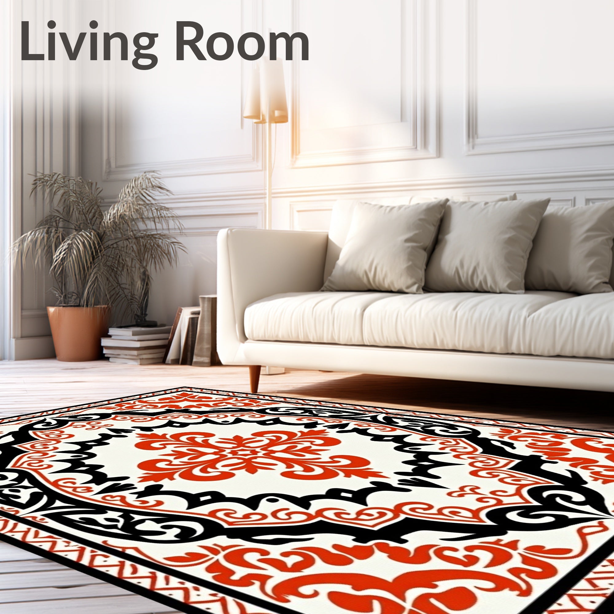 Red Black Floral Scroll Motif Rug