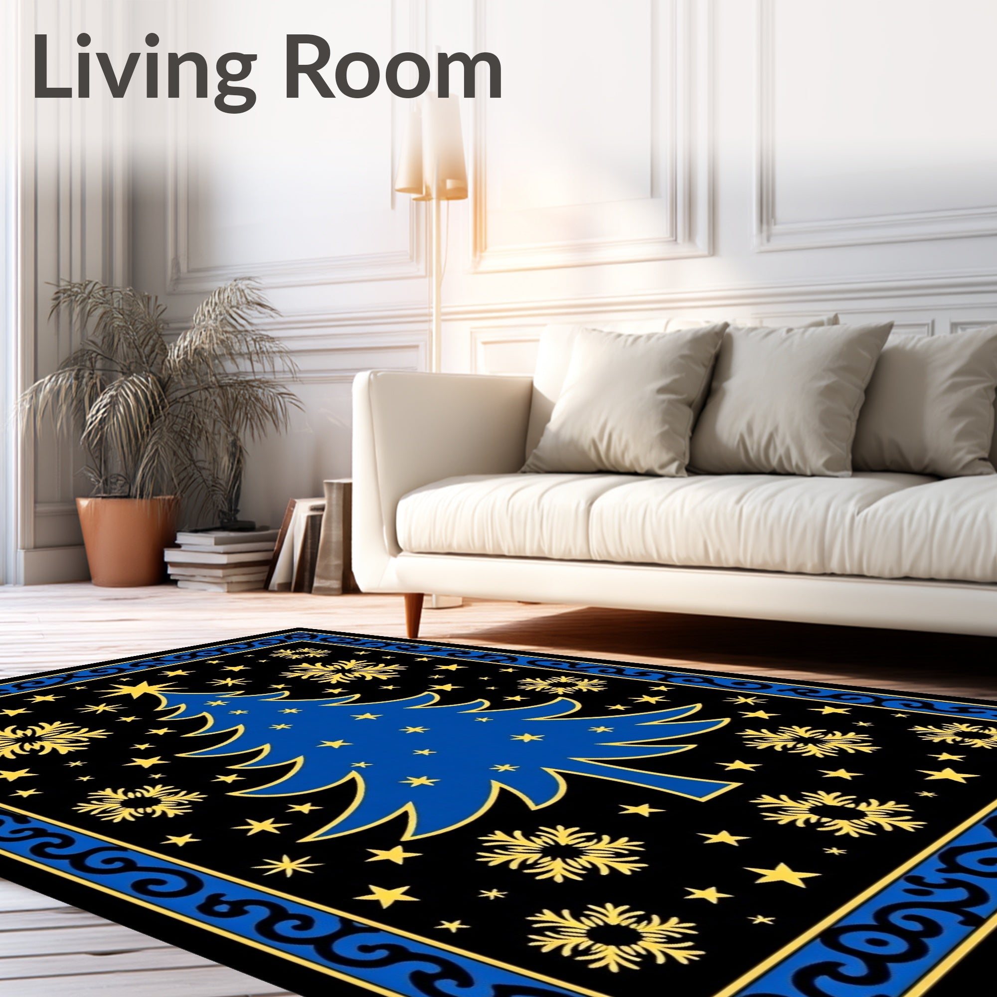 Blue Christmas Tree Gold Snowflake Rug
