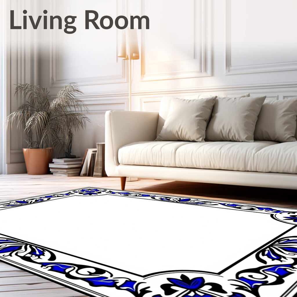 Elegant Blue Black Floral Border Rug