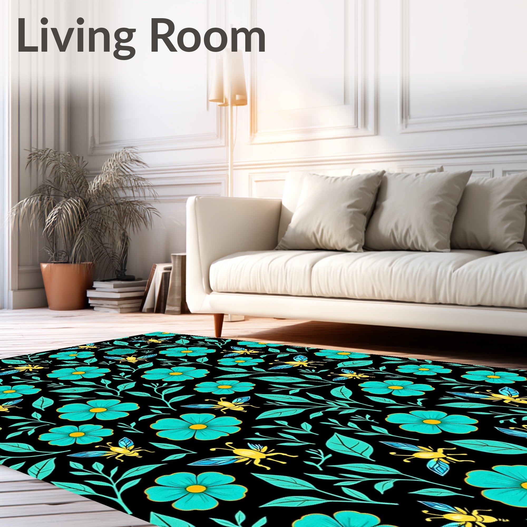 Teal Floral Insect Print Rug