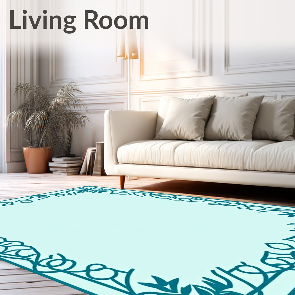 Teal Floral Scroll Border Design Rug