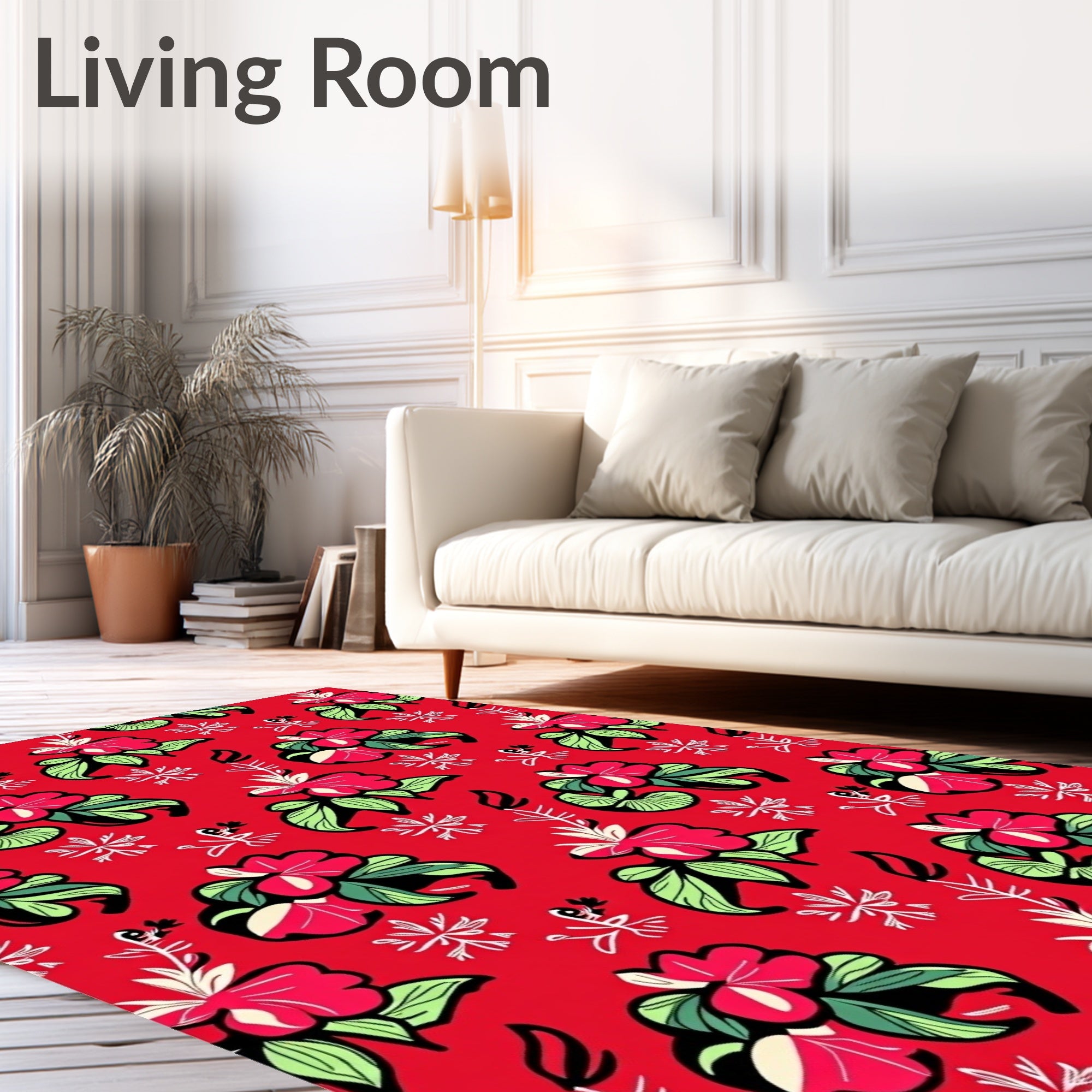 Vibrant Red Tropical Floral Whimsical Rug