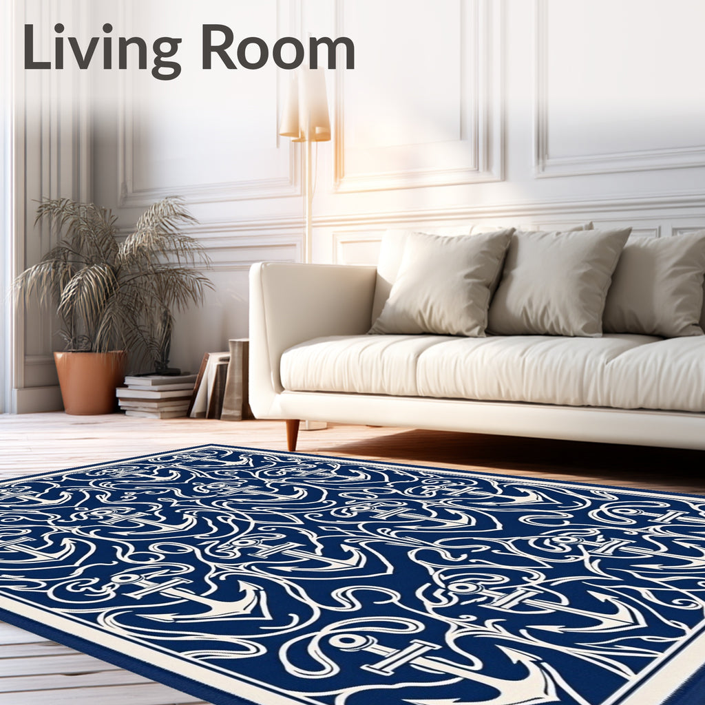 Navy Blue Anchor Scroll Pattern Design Rug